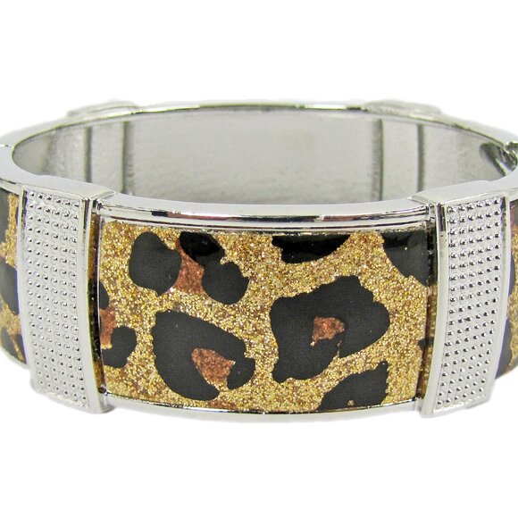 Animal Print Bangle Bracelet with Gold Sparkle an spring hinge opening 1" wide - Picture 3 of 4